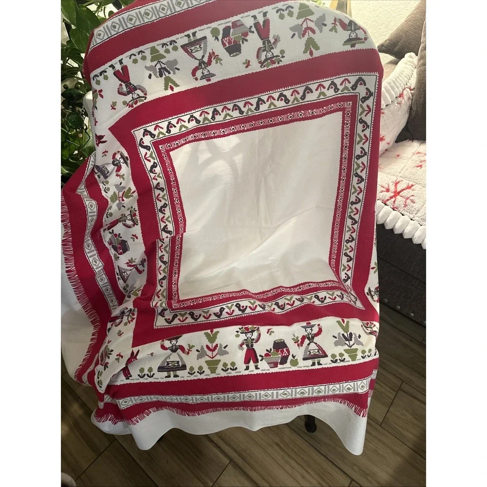 Beautiful  1960's Style Folk Art Red-green Cotton Tablecloth 52x46